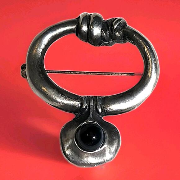 Vtg Eivind Hillestad Signed Norway 801 Pewter Brooch Scarf Fibula Pin Black Onyx - Picture 3 of 9